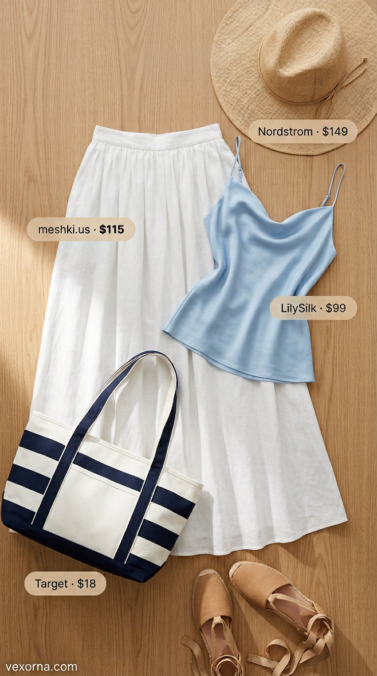 Casual maxi skirt outfits summer 2026: White linen maxi skirt, sky blue camisole, straw hat for beach vacation.