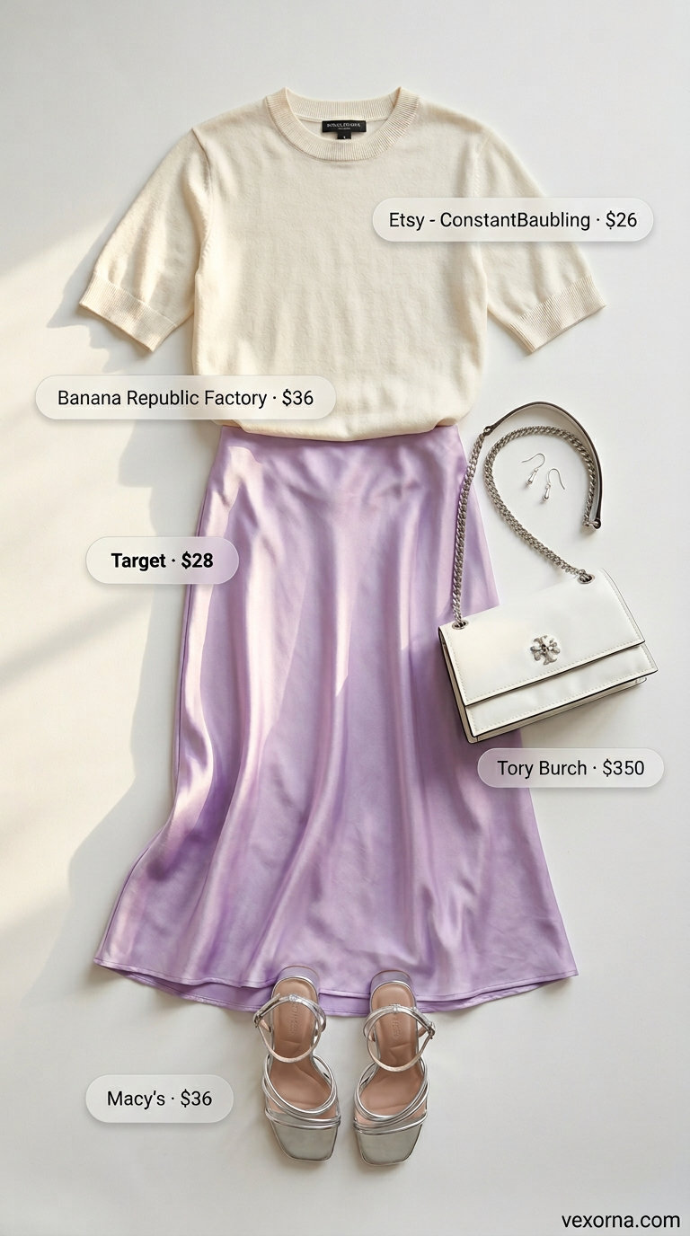 Soft summer casual maxi skirt outfit summer 2026: lavender skirt, cream sweater, silver sandals.
