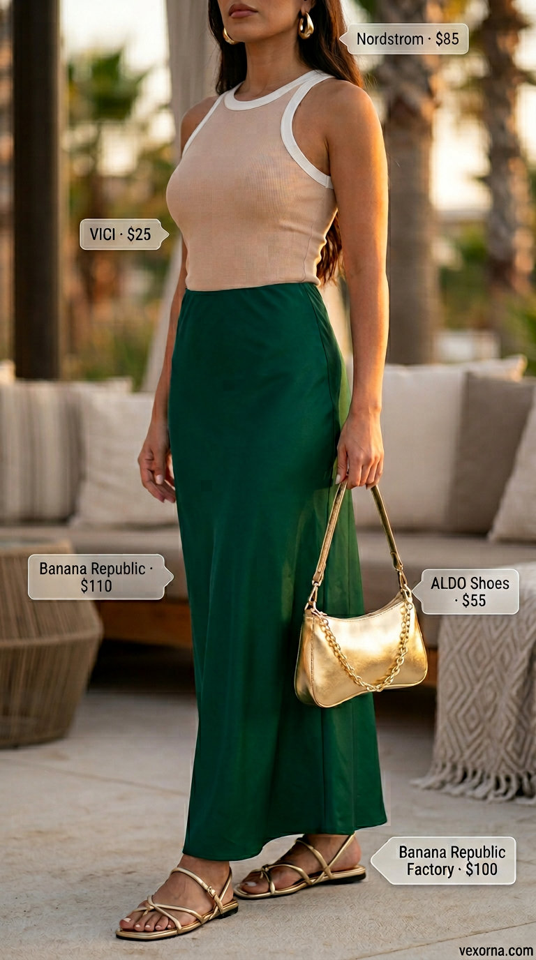 Glamorous casual maxi skirt outfit summer 2026: emerald skirt, nude tank, gold accessories.