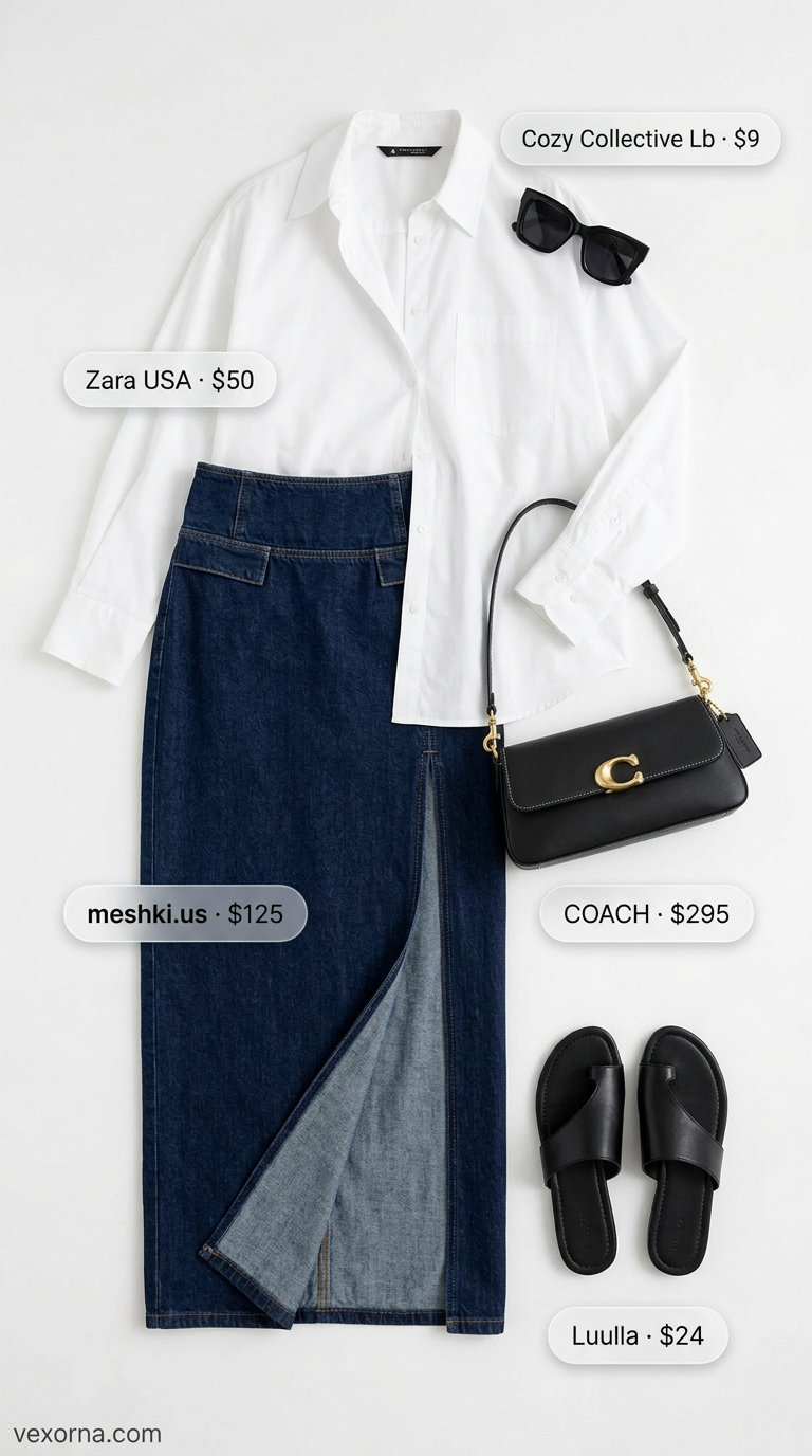 Casual maxi skirt outfits summer 2026: Tencel denim maxi skirt, white button-down, black sandals for city.