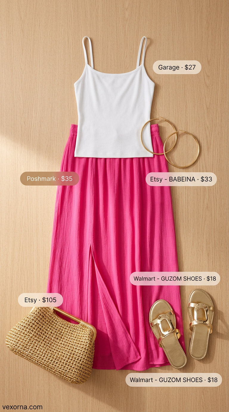 Tropical sunset casual maxi skirt outfit summer 2026: hot pink skirt, white cami, gold hoops & sandals.