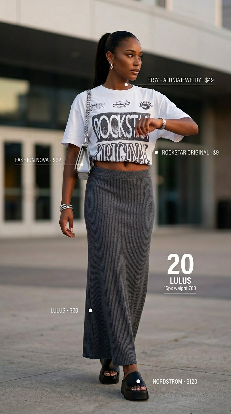 Urban Edge: Charcoal grey knit maxi skirt, graphic tee, platform sandals, silver hoops. Casual maxi skirt outfits summer 2026.