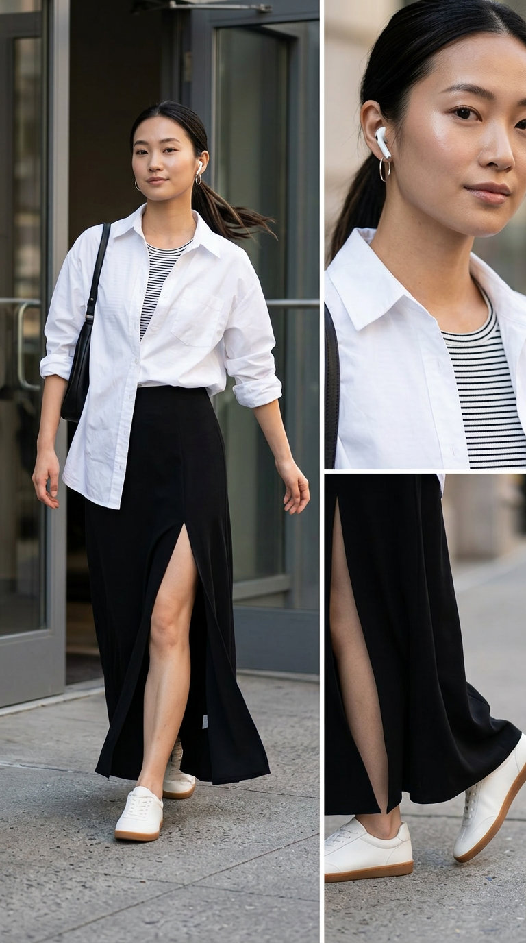 Urban minimalist casual maxi skirt outfit summer 2026: black skirt, white shirt, sneakers & silver bag.