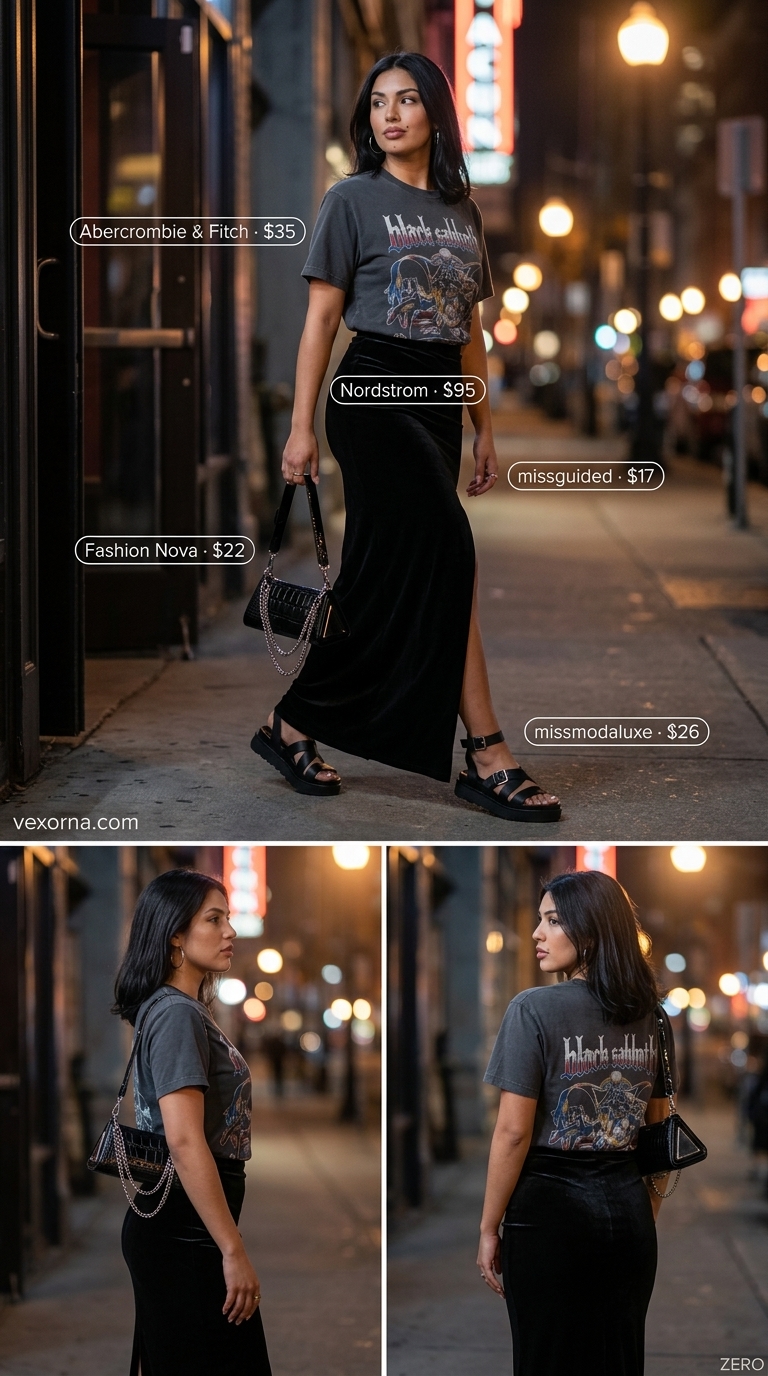 Urban Summer Edge: Black column maxi skirt, band tee, platform sandals, silver hoops. Casual maxi skirt outfits summer 2026.