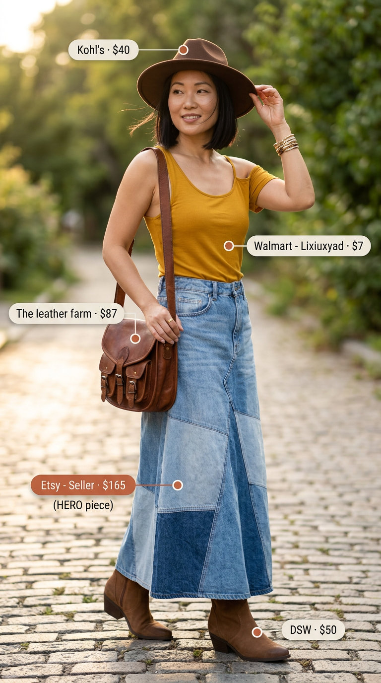 Vintage casual maxi skirt outfit summer 2026: denim skirt, mustard tank, brown boots & hat.
