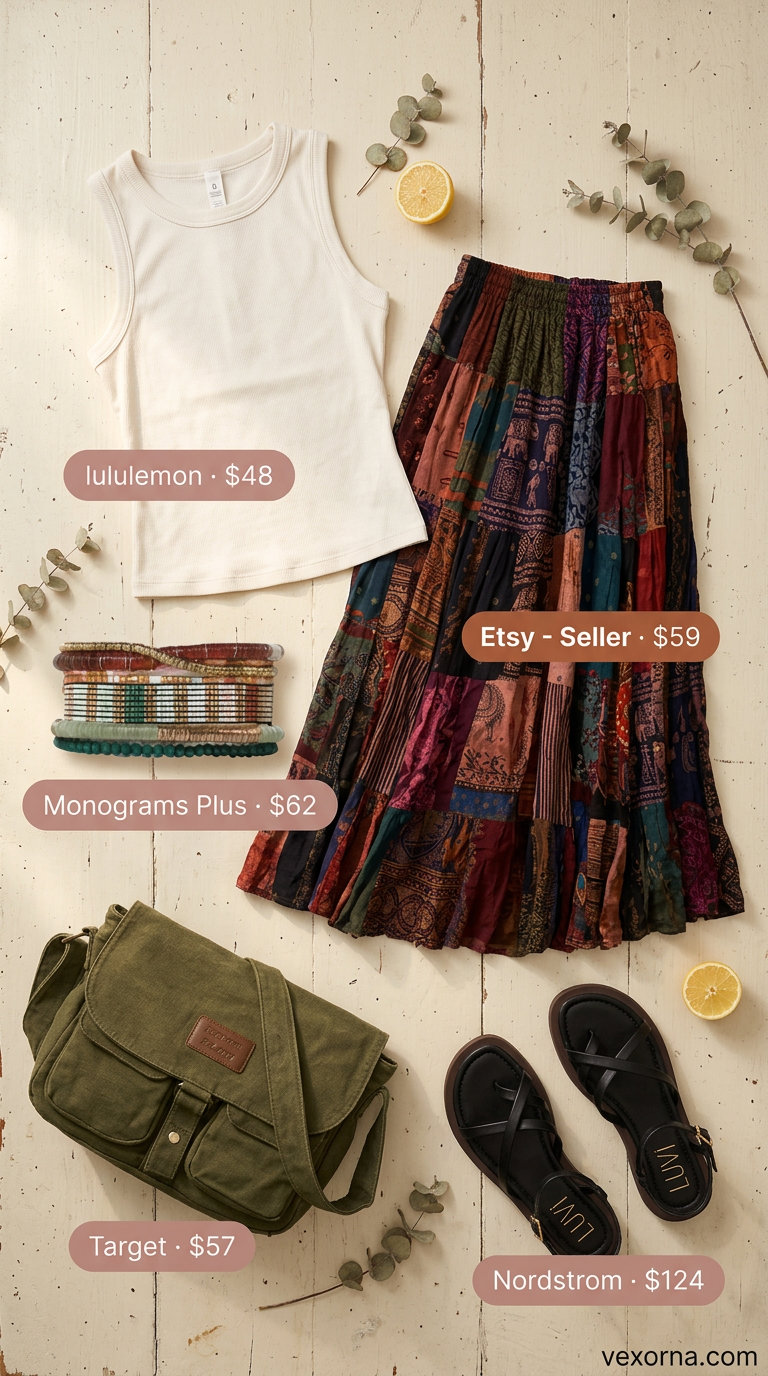 Wanderlust Explorer: Earthy print maxi skirt, olive green bag, cream top, leather sandals. Casual maxi skirt outfits summer 2026.