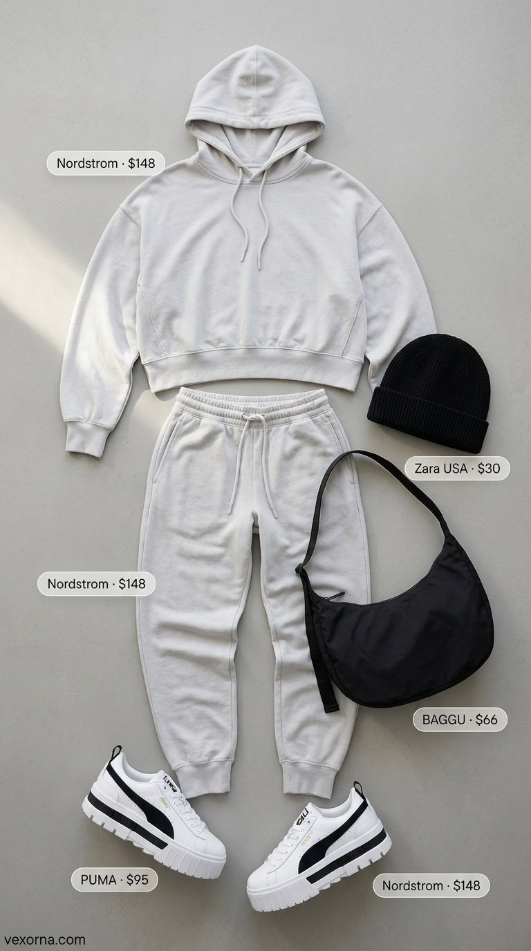 Casual sporty chic summer outfits for women 2026: Athleisure set, joggers, hoodie, sneakers, crossbody bag.