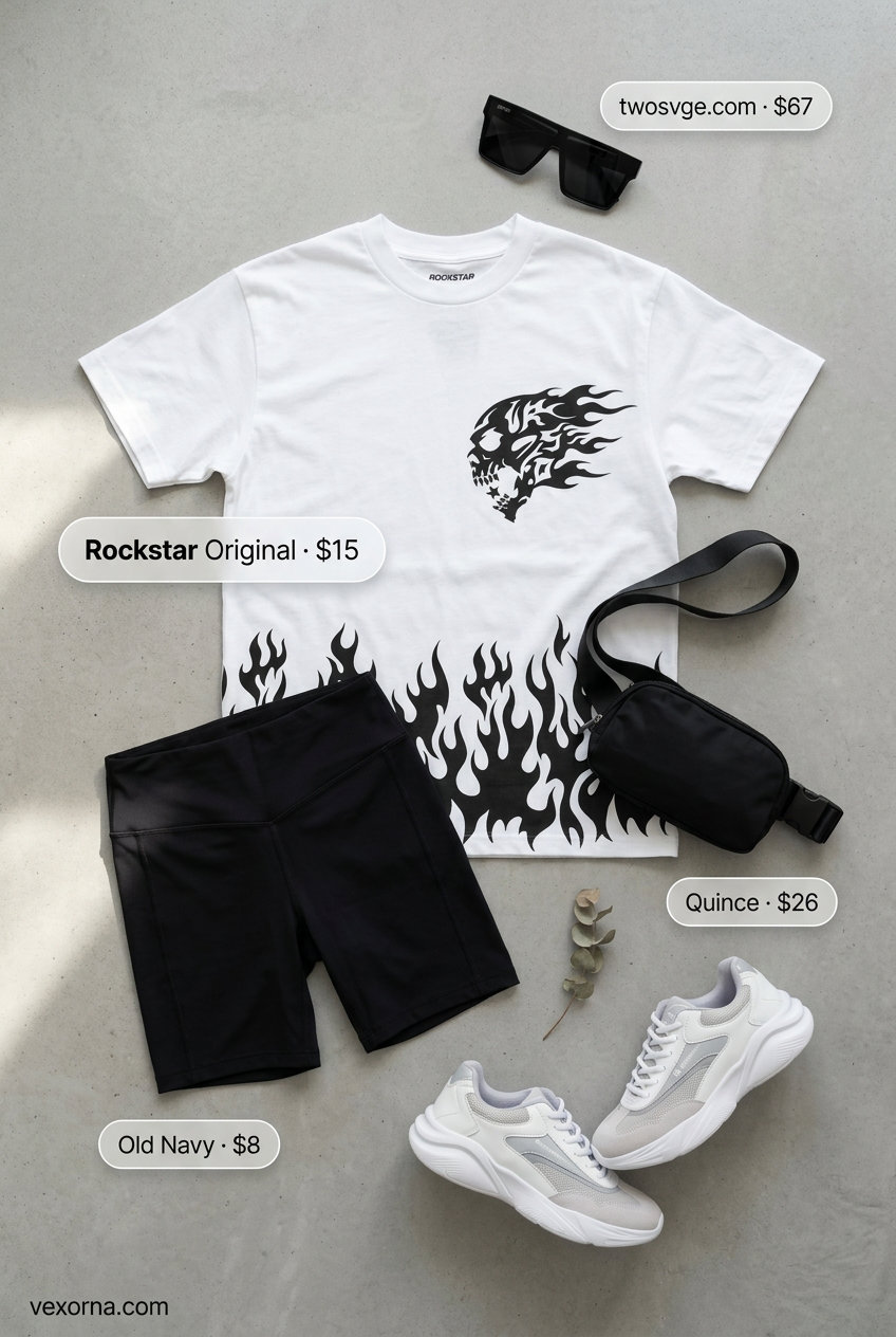 Casual sporty chic summer outfit for women 2026: Black biker shorts, oversized graphic tee, chunky sneakers, and belt bag.