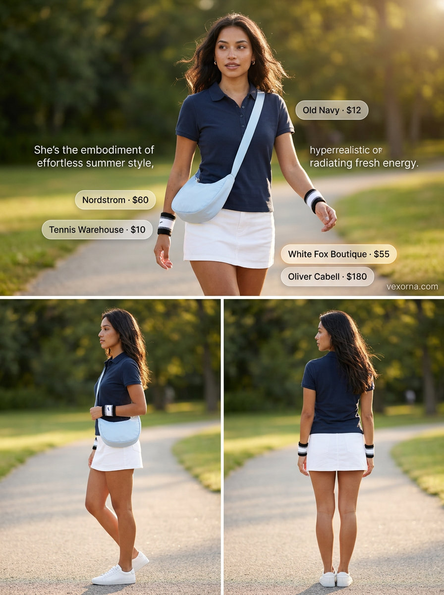 Sporty chic summer outfit for women: navy polo, white mini skirt, and light blue crossbody bag.