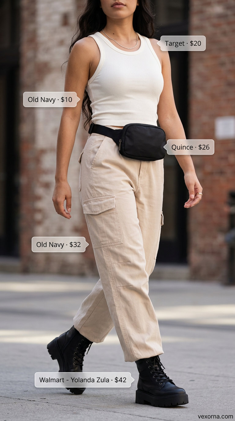 Casual sporty chic summer outfit for women 2026: Khaki cargo pants, white tank, combat boots, and belt bag.