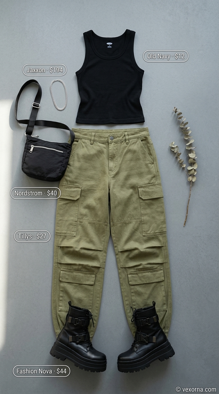 Edgy casual sporty chic summer outfit for women: cargo pants, combat boots, and tank top.