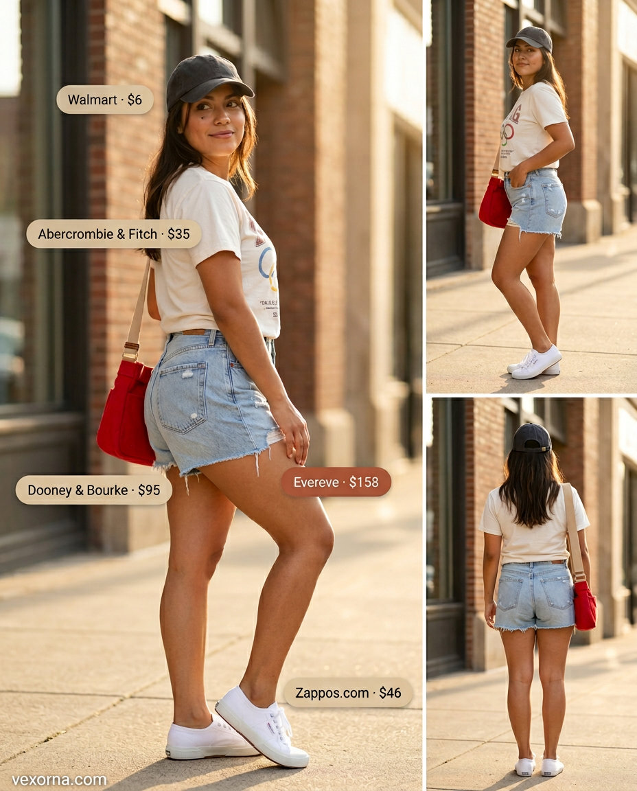 Casual sporty chic summer outfits for women 2026: Denim shorts, graphic tee, baseball cap, crossbody bag, sneakers.