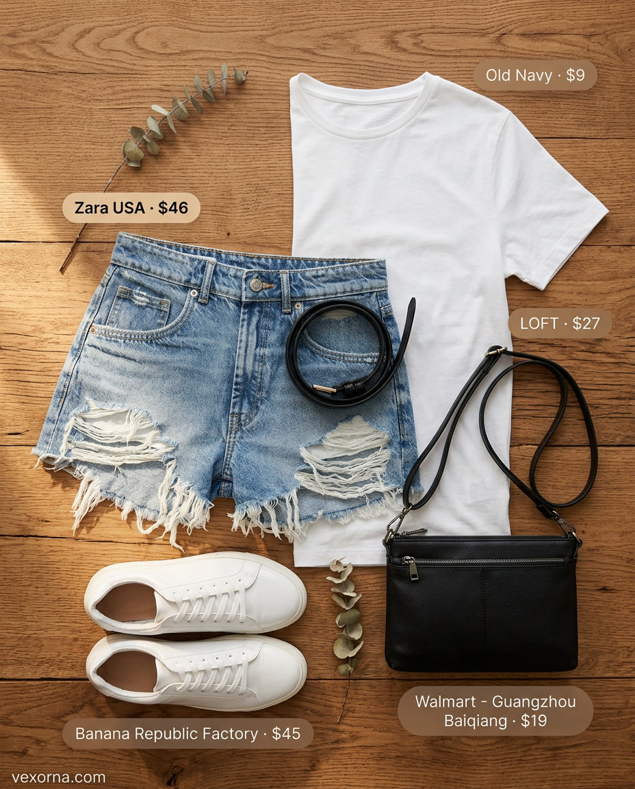 Classic casual sporty chic summer outfit for women: denim shorts, white tee, and black crossbody.