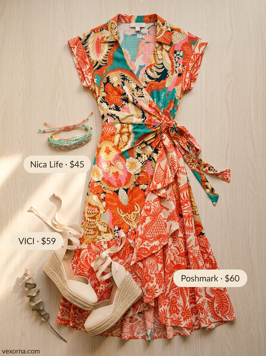 Casual sporty chic summer outfits for women 2026: Floral midi wrap dress, espadrille wedges, straw bag, bracelets.