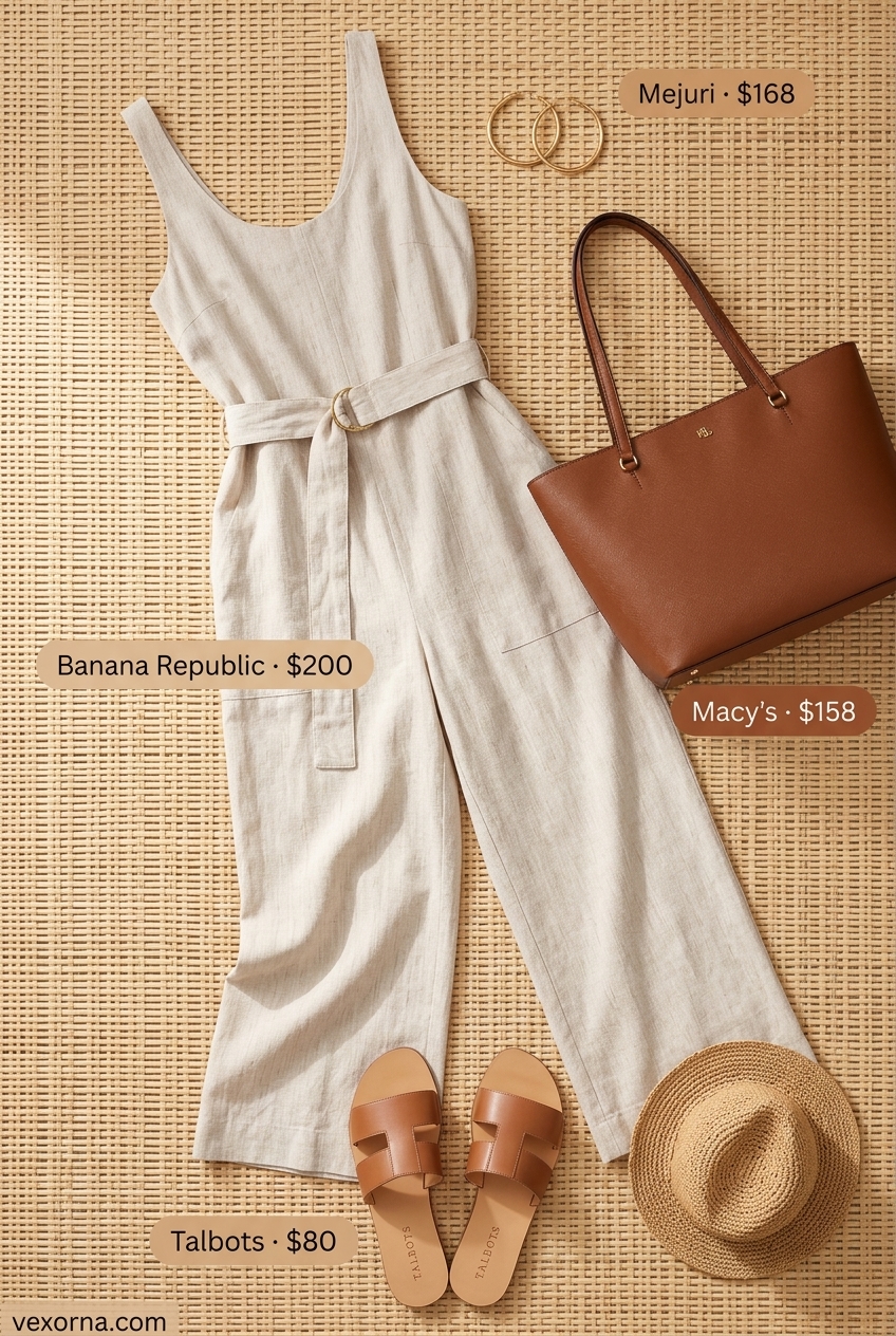 Casual sporty chic summer outfit for women 2026: Cream linen jumpsuit, tan slides, gold hoops, and leather tote.