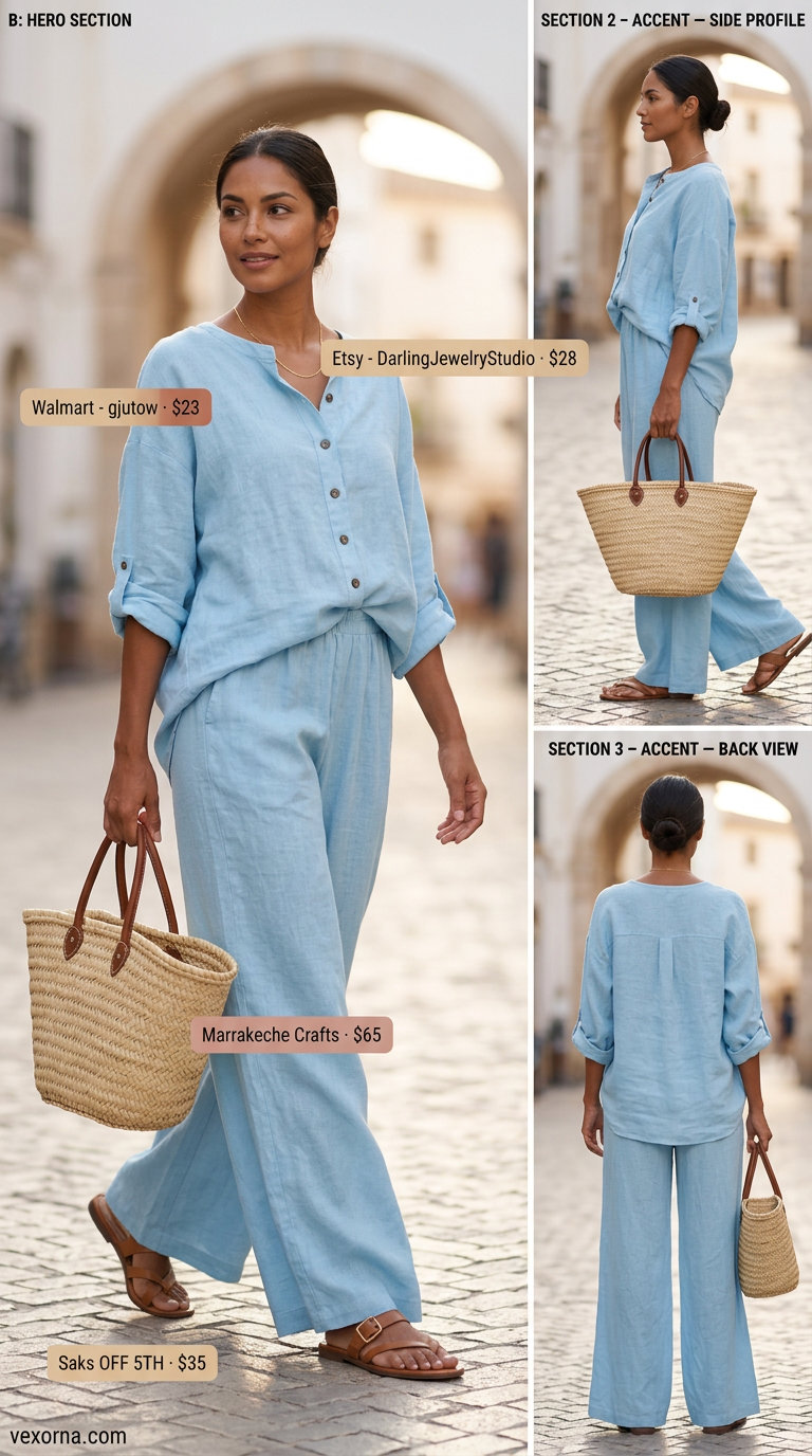 Casual sporty chic summer outfits for women 2026: Linen set, oversized shirt, wide-leg pants, slide sandals, straw tote.