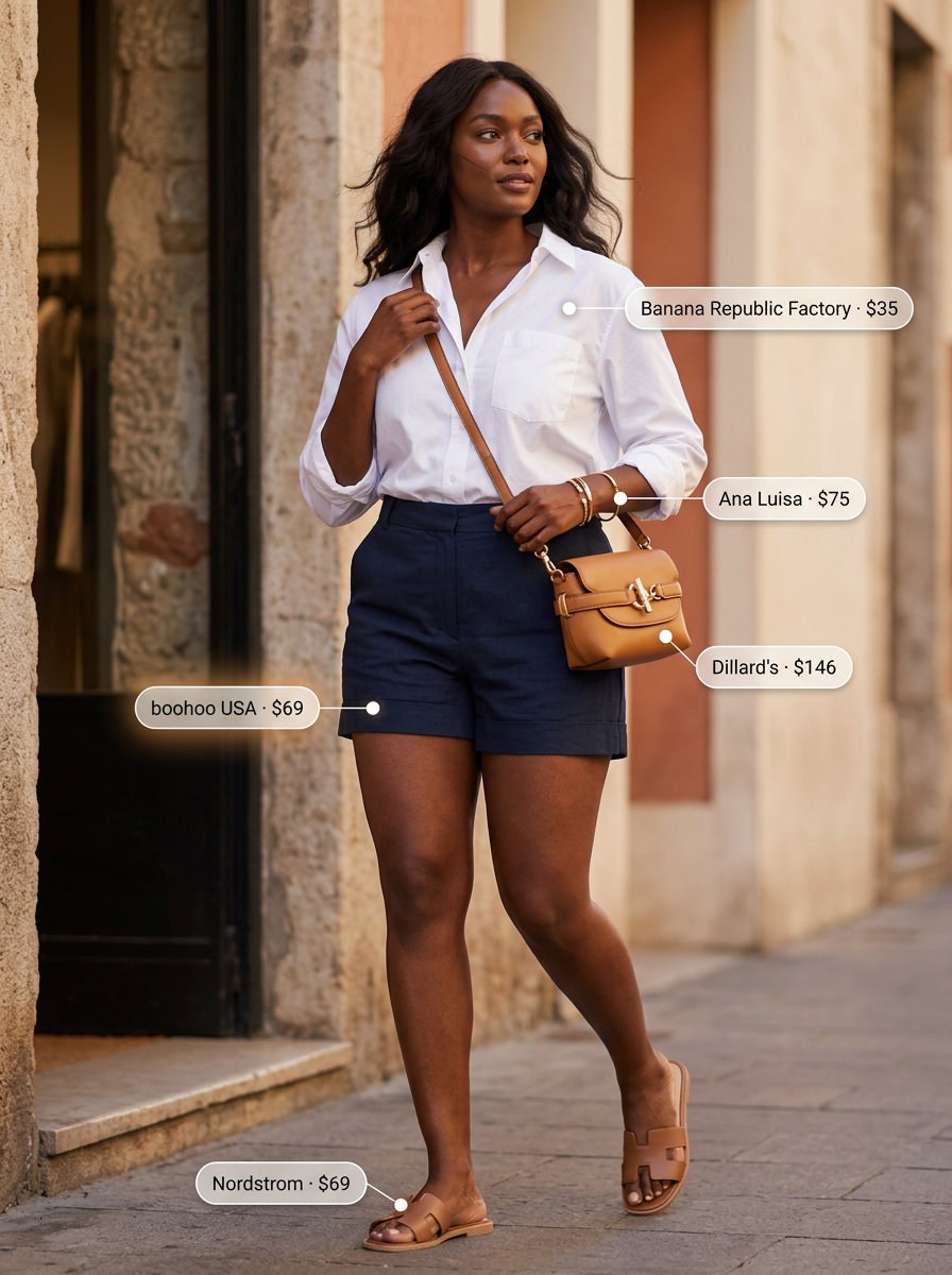 Casual sporty chic summer outfit for women 2026: Navy linen shorts, white button-down, tan slides, and crossbody bag.