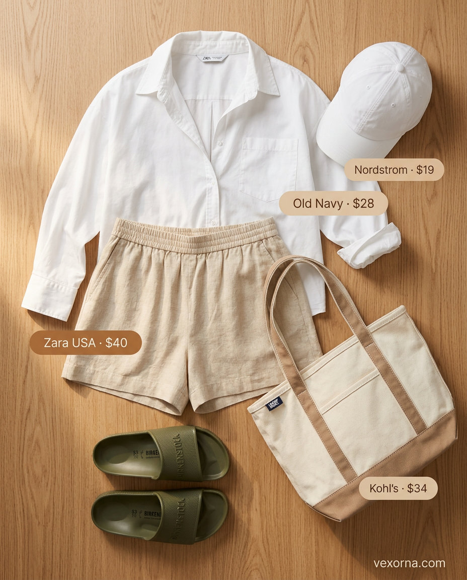 Effortless casual sporty chic summer outfit for women: linen shorts, oversized shirt, and slides.