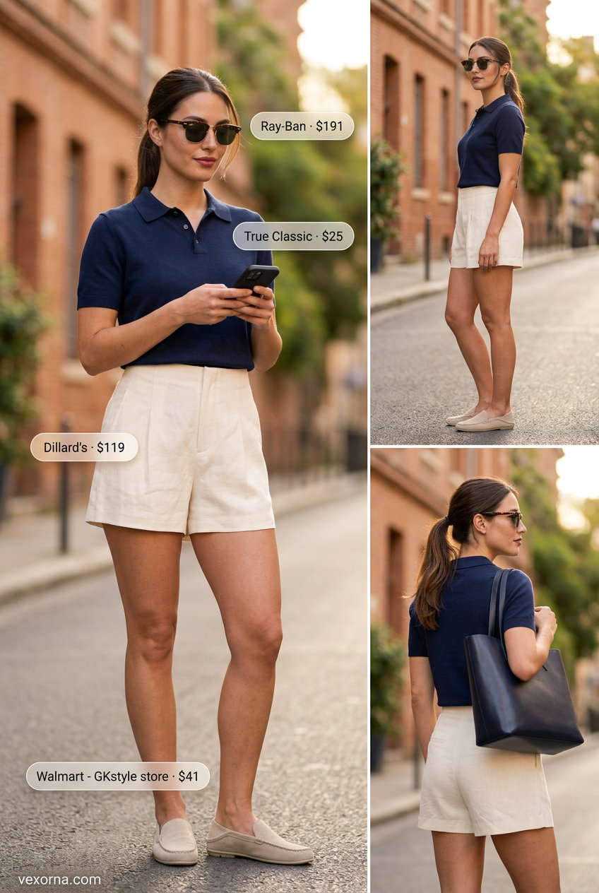 Sophisticated casual sporty chic summer outfit for women: cream linen shorts, navy polo, and loafers.