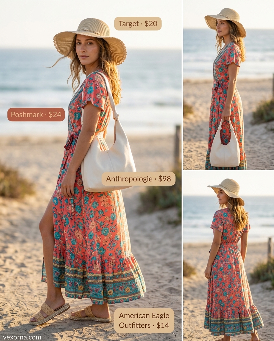 Casual sporty chic summer outfits for women 2026: Floral maxi dress, espadrilles, straw hat, hobo bag.