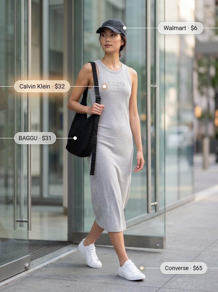 Casual sporty chic summer outfits for women 2026: Midi t-shirt dress, sneakers, baseball cap, crossbody bag.