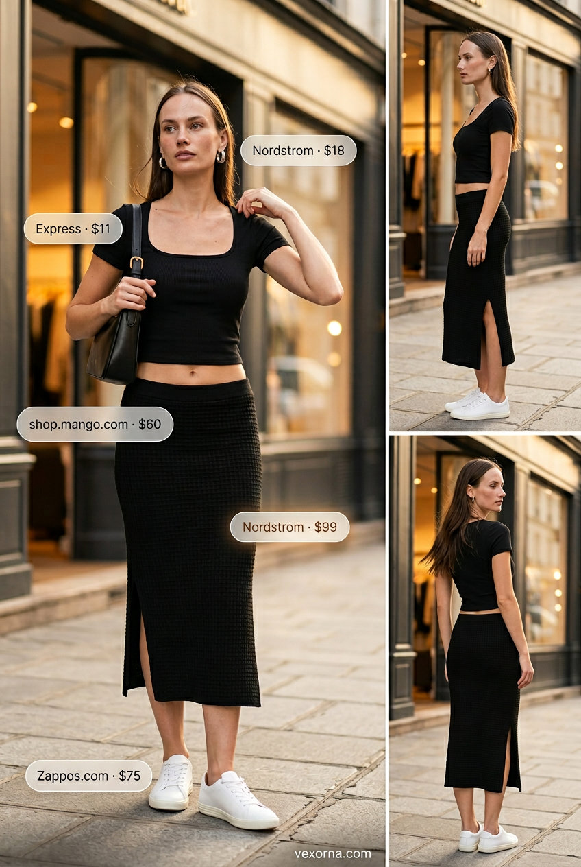 Casual sporty chic summer outfits for women 2026: Black midi skirt, crop top, sneakers, hoop earrings, crossbody bag.