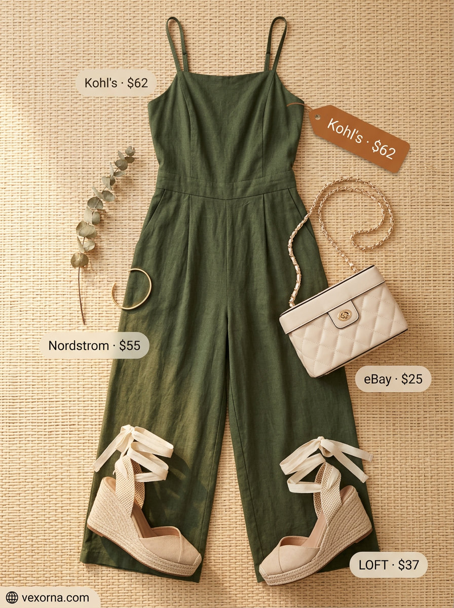 Casual sporty chic summer outfit for women 2026: Olive green jumpsuit, espadrille wedges, crossbody bag, and gold bracelet.