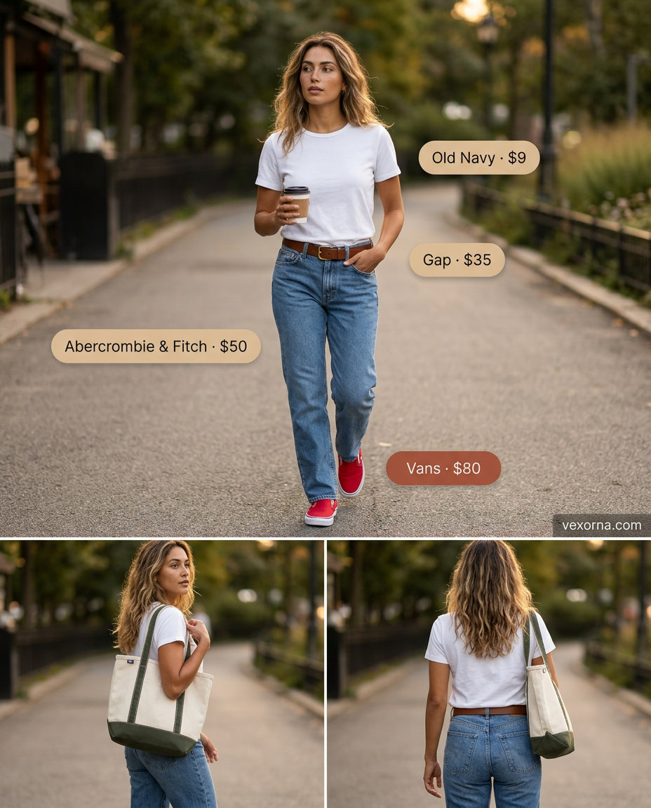 Relaxed casual sporty chic summer outfit for women: straight-leg jeans, white tee, and red slip-ons.