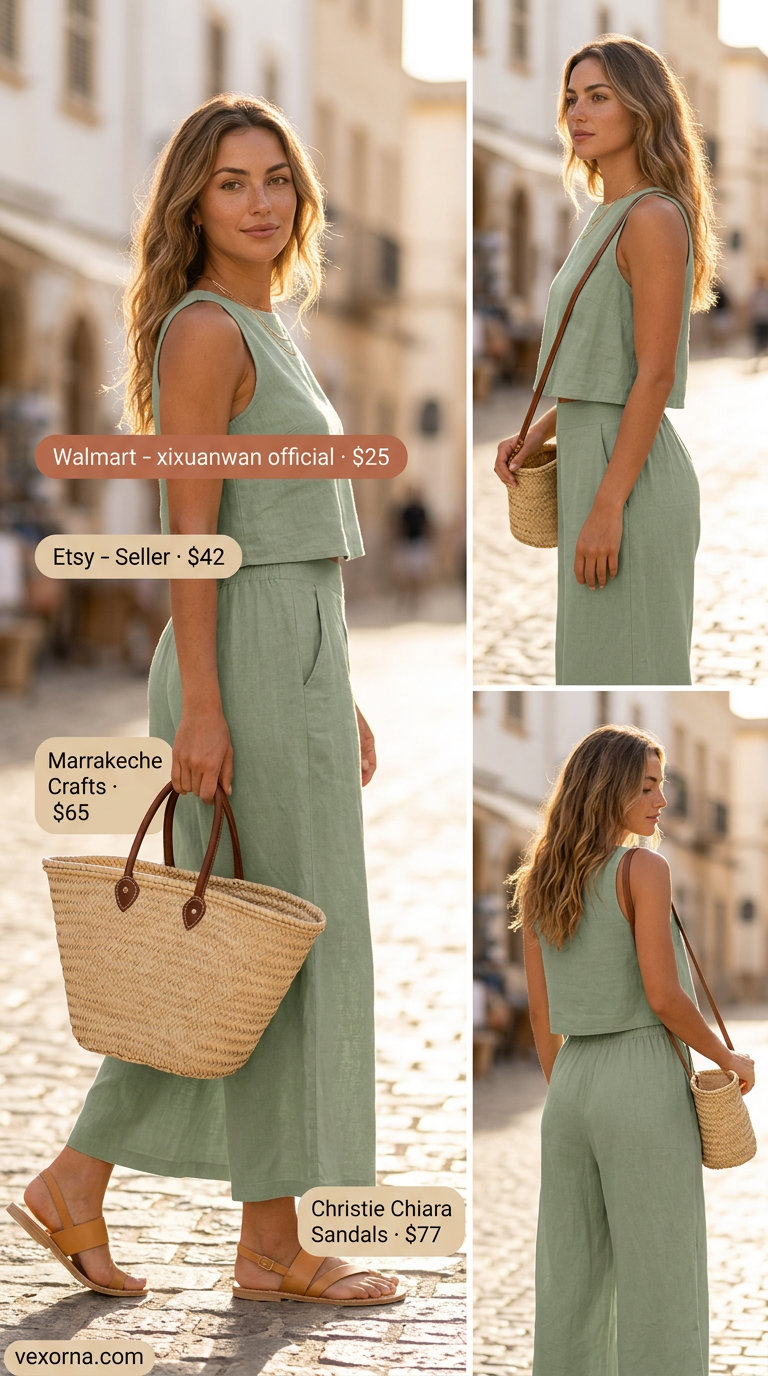 Casual sporty chic summer outfits for women 2026: Linen set, cropped tank, wide-leg pants, slide sandals, straw tote.