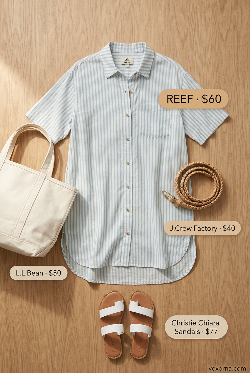 Casual sporty chic summer outfit for women 2026: Light blue shirtdress, woven belt, canvas tote, and leather sandals.
