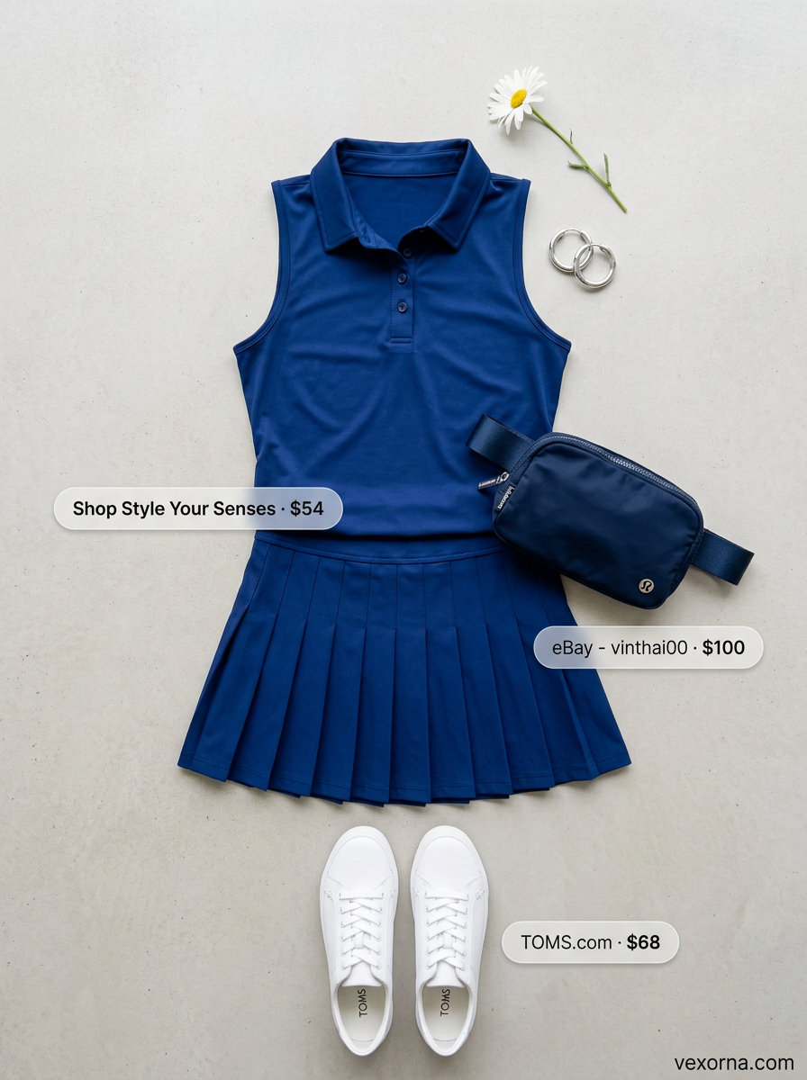 Casual sporty chic summer outfit for women 2026: Navy knit skirt set, white sneakers, silver hoops, and belt bag.