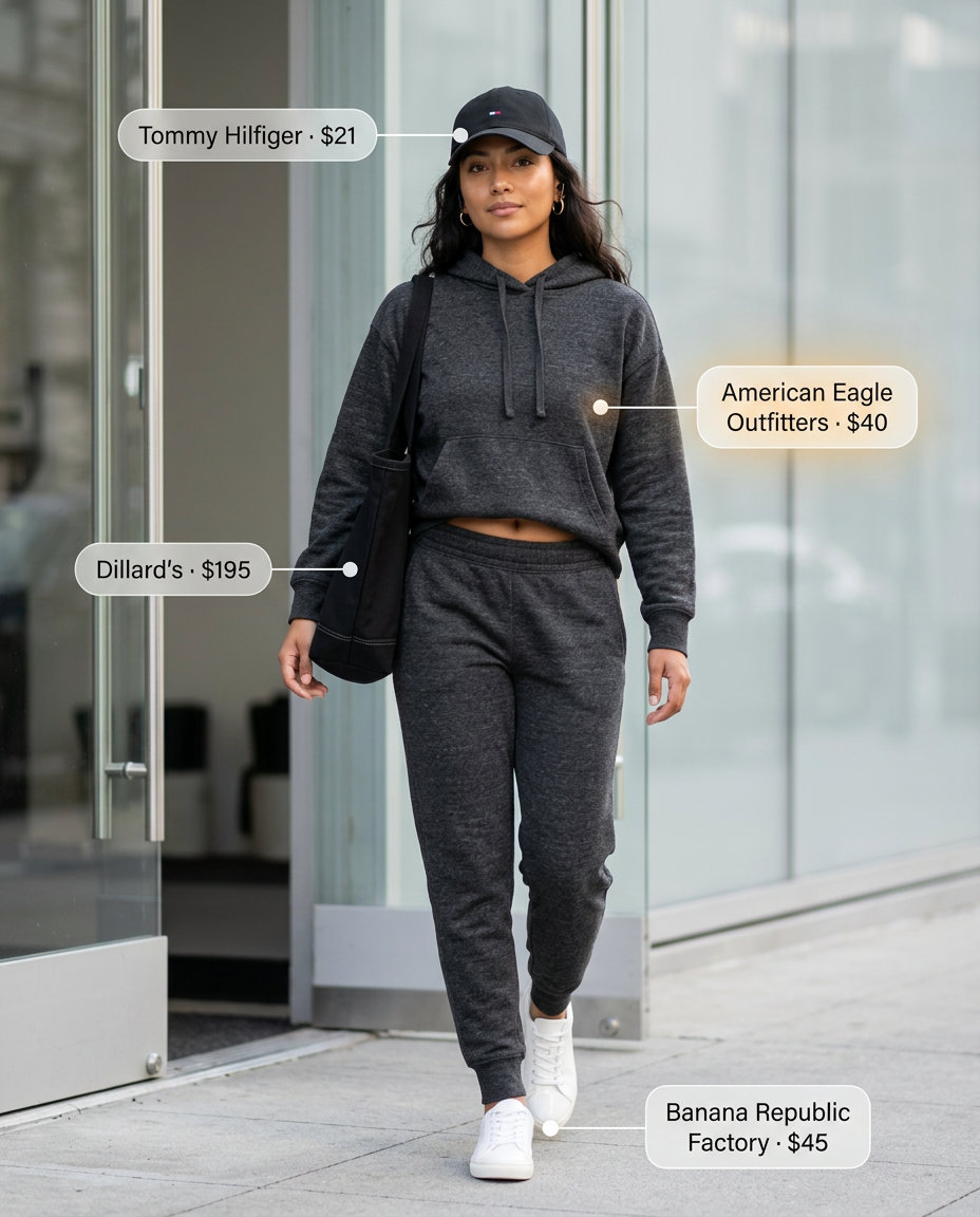 Casual sporty chic summer outfit for women 2026: Charcoal grey sweatsuit, white sneakers, canvas tote, and baseball cap.