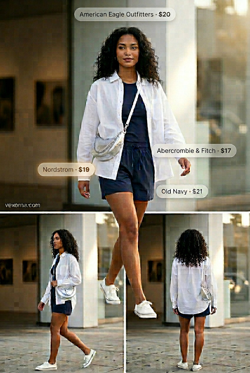 Urban casual sporty chic summer outfit for women: white shirt, navy shorts, silver bag, and cap.