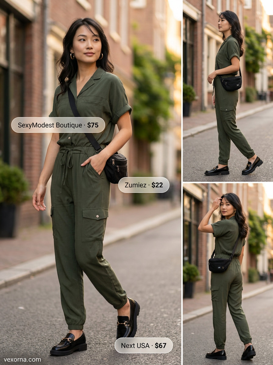 Modern casual sporty chic summer outfit for women: olive jumpsuit, belt bag, and loafers.