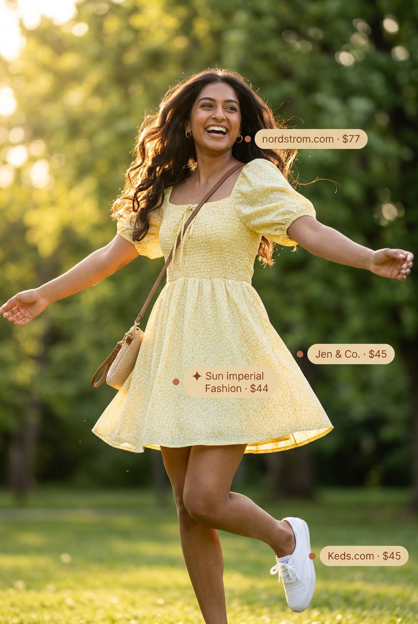 Effortless casual sporty chic summer outfit for women: yellow mini dress, straw bag, and white sneakers.