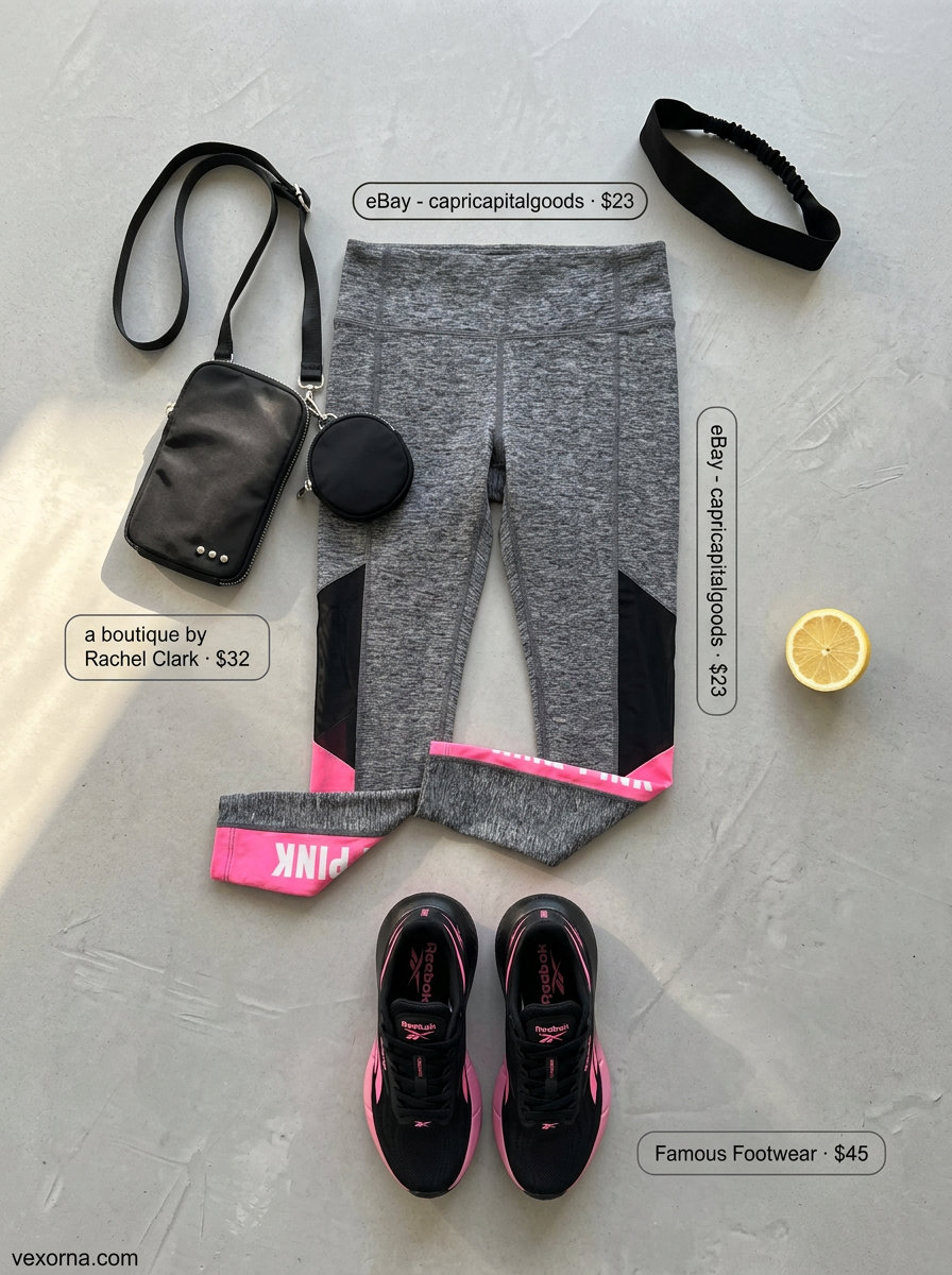 Black and neon pink athleisure matching set for casual summer matching set outfits 2026. Includes leggings, sports bra, tank, and sneakers.