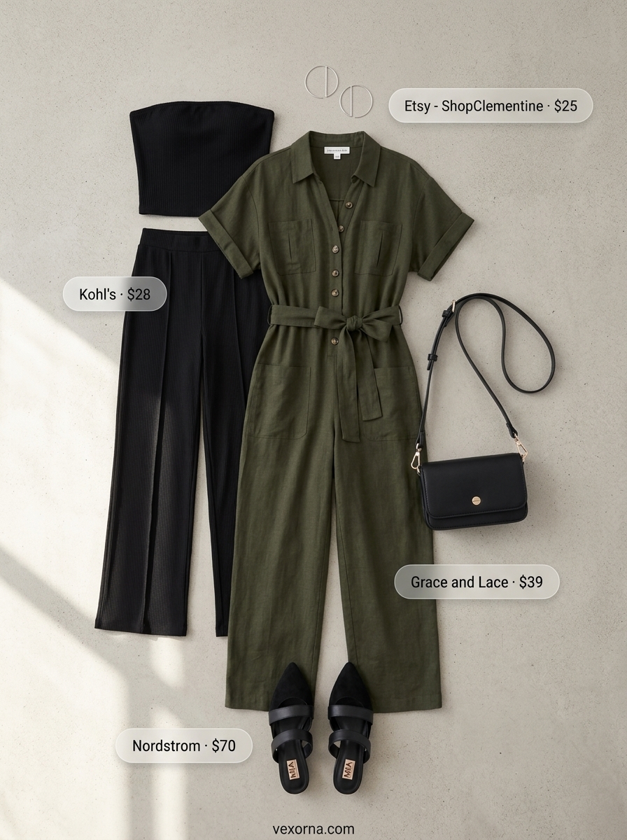 Chic khaki utility jumpsuit with black mules and crossbody bag for casual summer matching set outfits 2026.