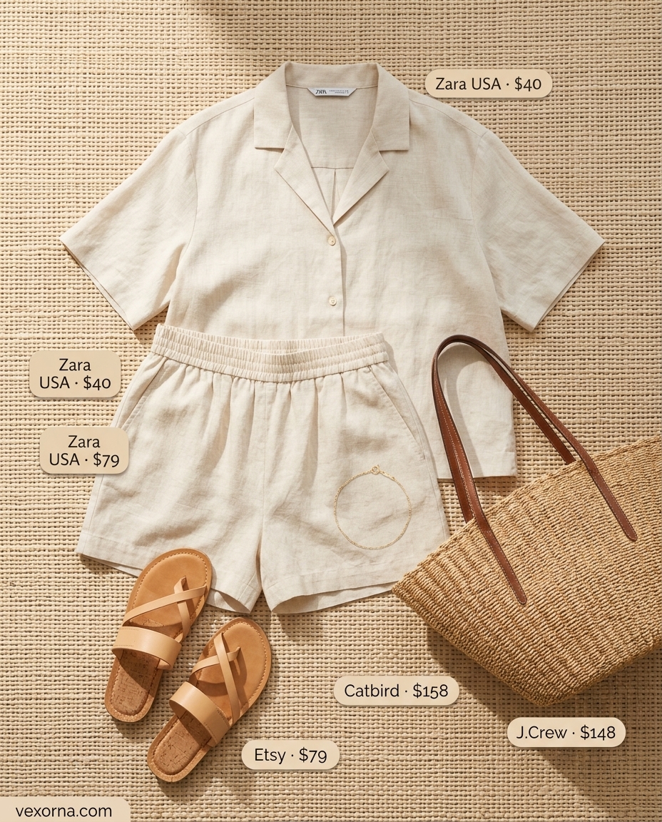 Cream linen matching set outfit 2026 for beach days and summer vacation. Relaxed and chic.