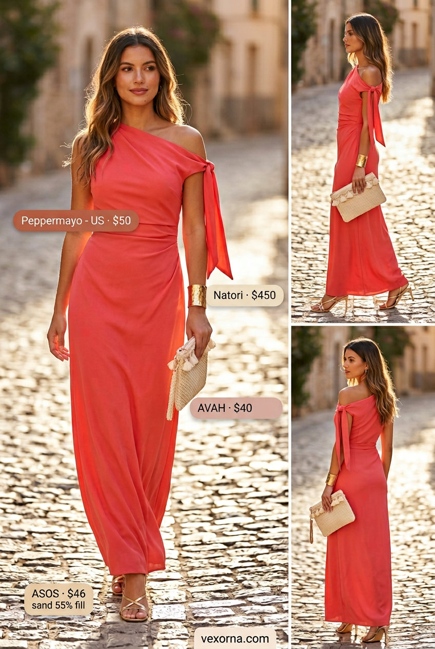 Vibrant coral maxi dress with gold heels and straw clutch for casual summer matching set outfits 2026.