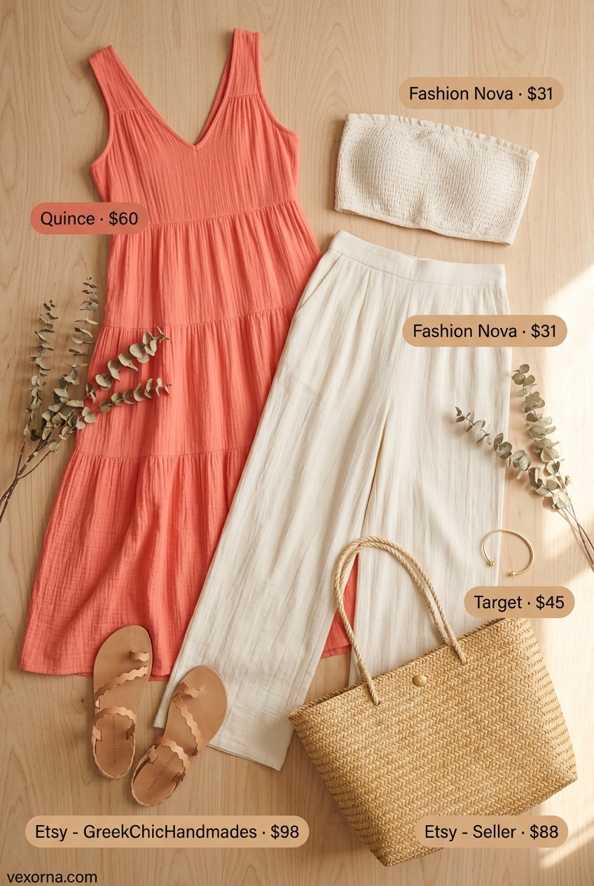 Coral maxi dress outfit for casual summer matching set outfits 2026. Paired with flat sandals, straw tote, and gold cuff bracelet.