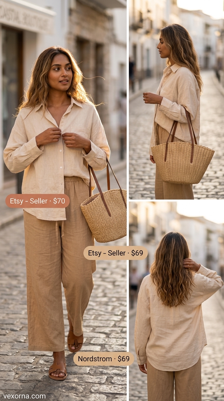 Coastal cream linen matching set with tan slides and straw tote for casual summer matching set outfits 2026.