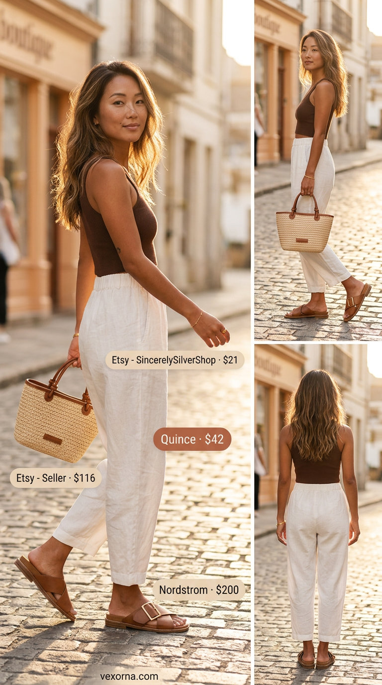 Cream linen blend matching set for casual summer matching set outfits 2026. Includes cropped pants and oversized shirt, styled with sandals.