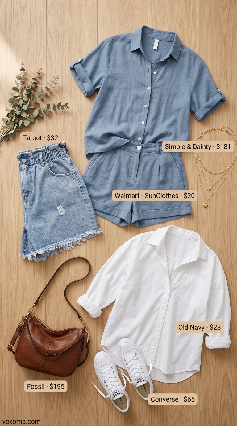 Denim shorts and oversized white shirt outfit 2026 for casual daytime. Effortless cool.