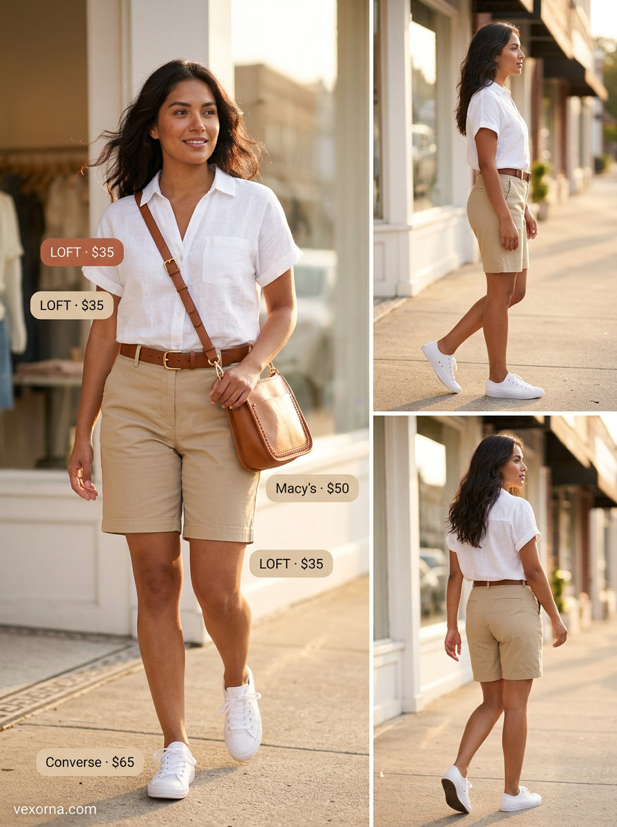 Khaki Bermuda shorts and button-down shirt matching set for casual summer matching set outfits 2026. Styled with white sneakers and brown bag.