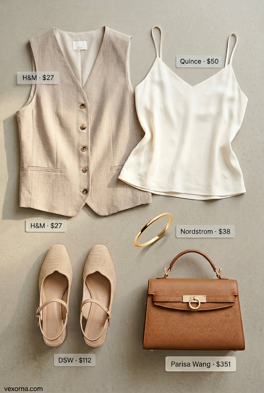Beige linen matching set outfit 2026 for smart casual events. Chic vest & wide-leg pants.