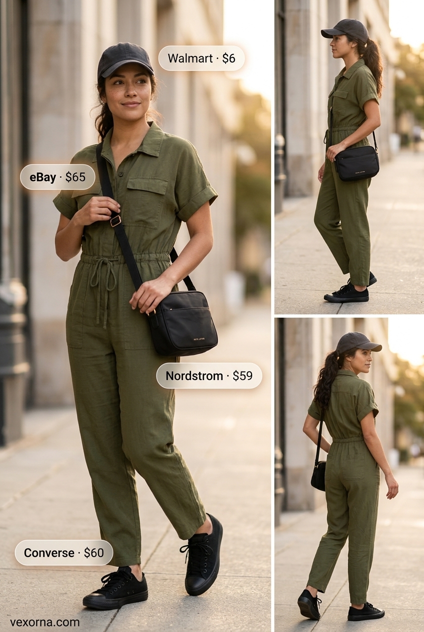 Olive green utility jumpsuit outfit for casual summer matching set outfits 2026. Paired with black sneakers, cap, and crossbody bag.