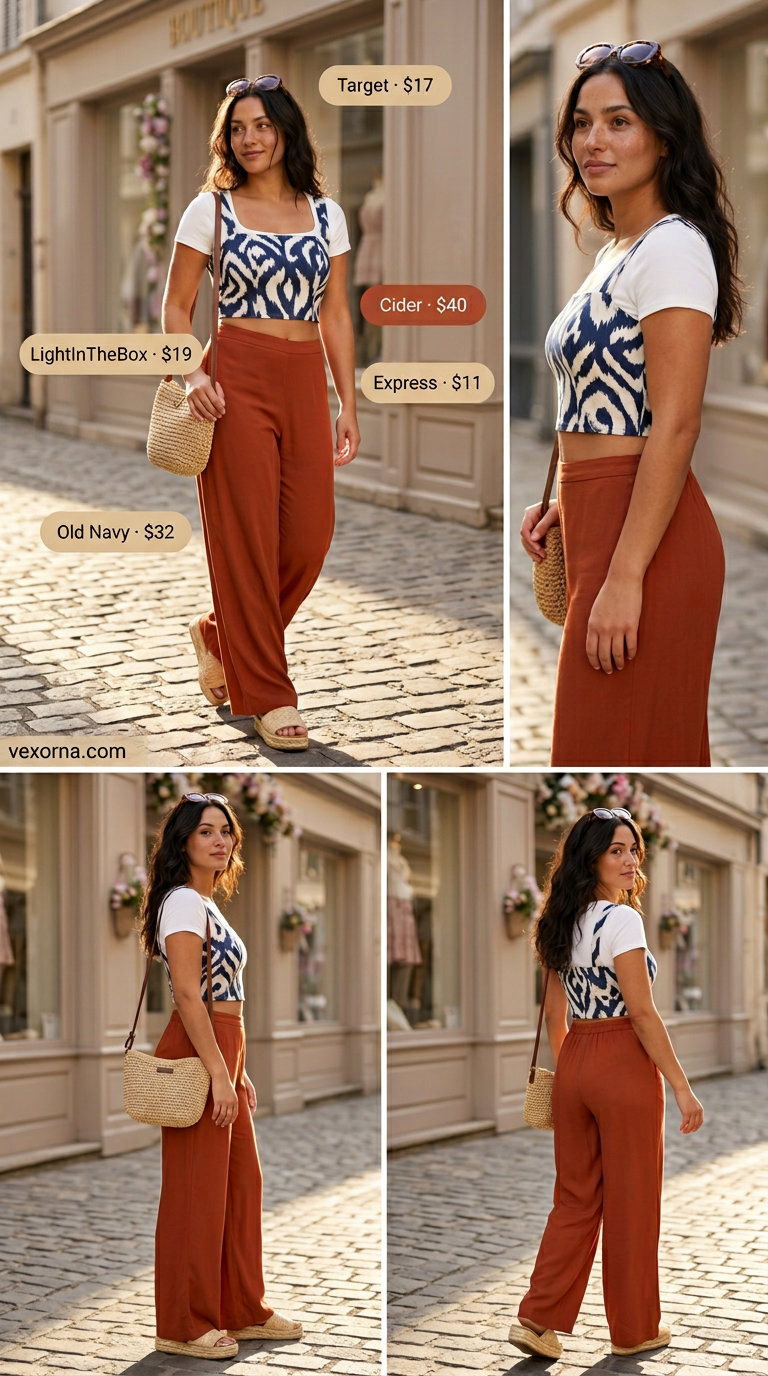 Terracotta wide-leg pants and white crop top outfit 2026 for retro summer vibes.