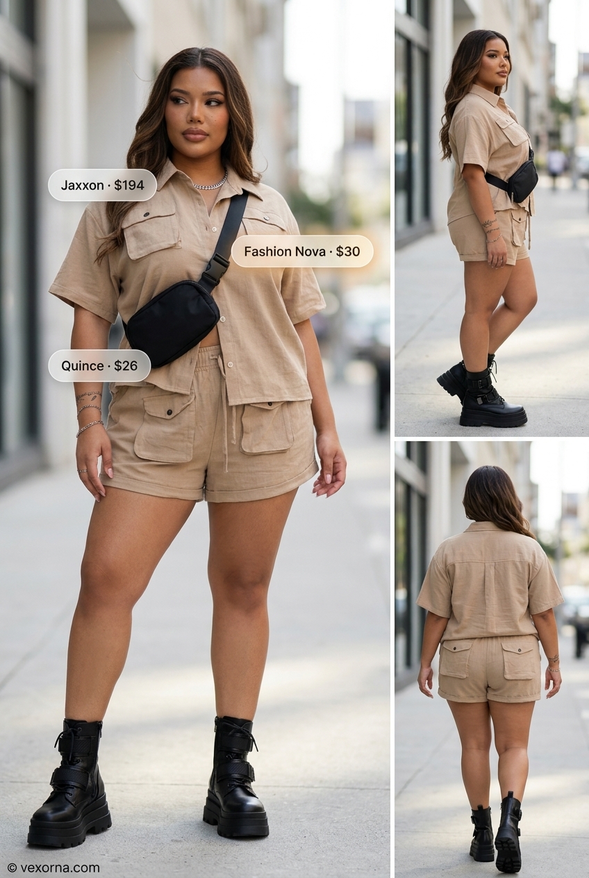 Taupe cargo matching set for casual summer matching set outfits 2026. Includes button-down shirt and cargo shorts, styled with combat boots.
