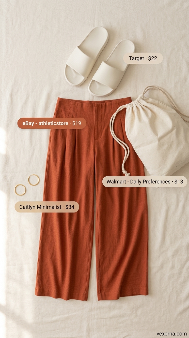 Terracotta knit matching set for casual summer matching set outfits 2026. Includes wide-leg pants and oversized sweatshirt, styled with slides.