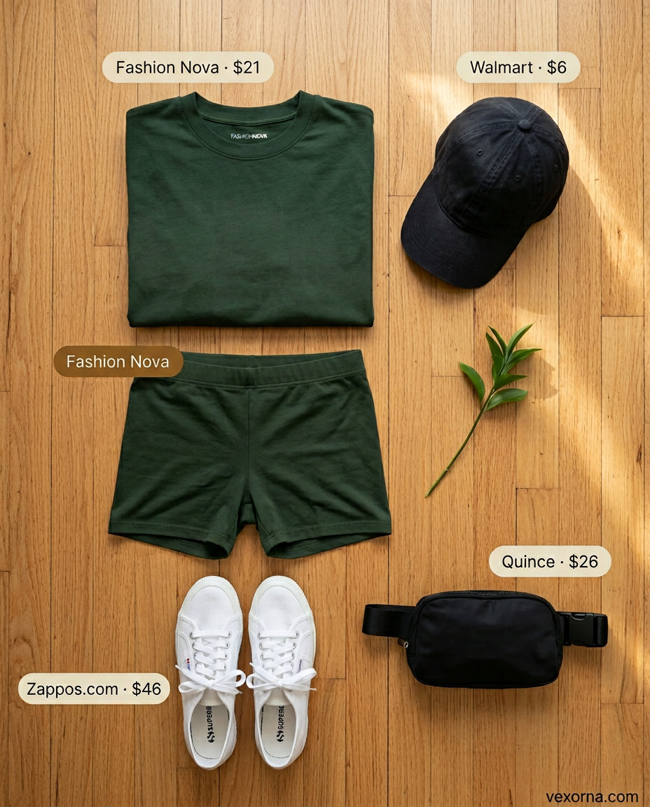 Olive green shorts and white graphic tee matching set outfit 2026 for weekend fun.